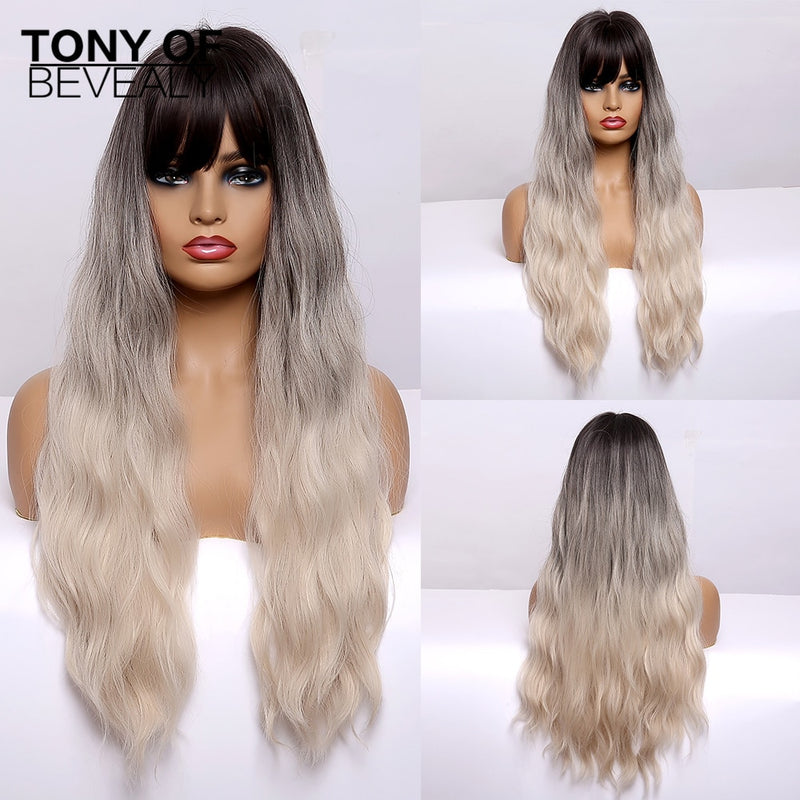 Long Synthetic Water Wave Wigs With Bangs Natural Curly Dark Brown Wigs for Women Cosplay Wigs Heat Resistant Fiber Wigs