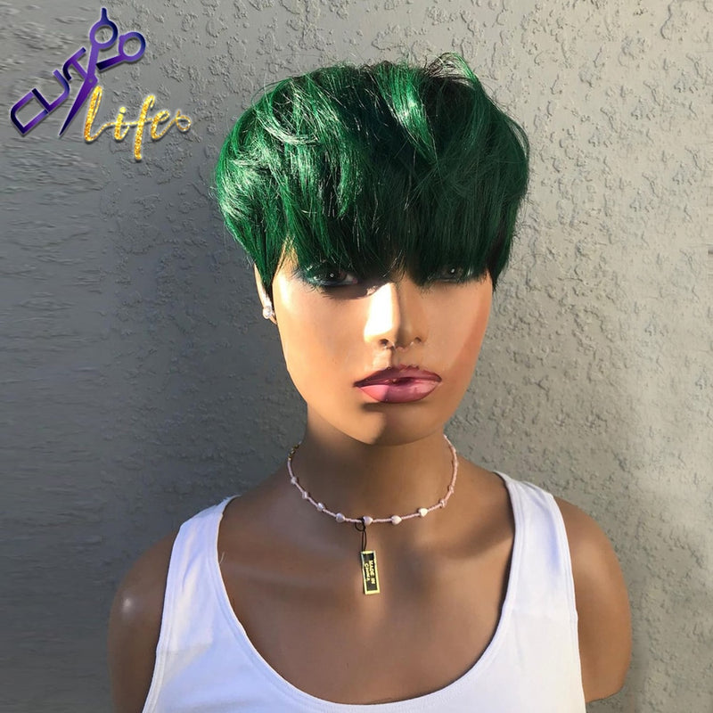 Cheap Green Pixie Short Cut Straight Bob Wig 100% Human Hair Wigs No Lace Glueless Wigs Brazilian Remy Hair Wigs For Black Women