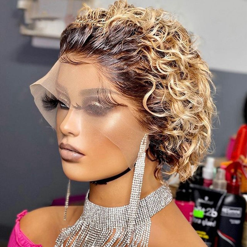 Highlight Wig Human Hair Curly Bob Wig 13x1 Pixie Cut Wig Brown Colored Human Hair Wigs Transparent Preplcuked Wigs For Women