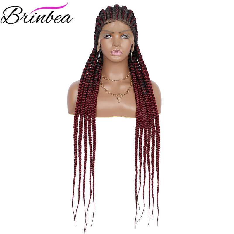 Brinbea Box Braided Wig 360 Full Lace Front Wig 35 Inches Long Cornrow Synthetic Braids Hair Baby Hair For Black Women With Gift