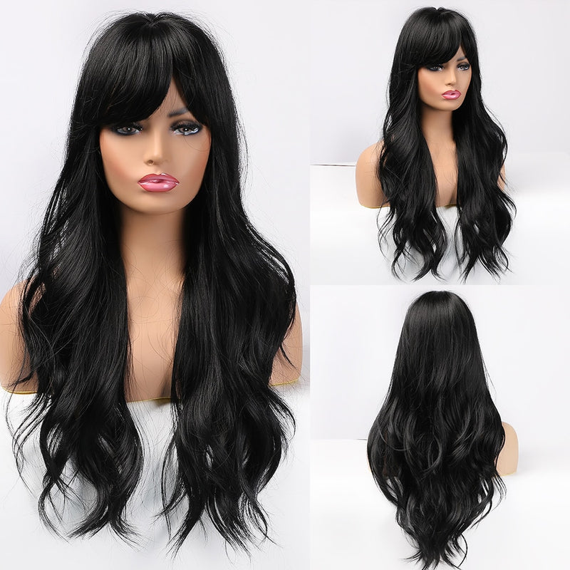 Long Synthetic Water Wave Wigs With Bangs Natural Curly Dark Brown Wigs for Women Cosplay Wigs Heat Resistant Fiber Wigs