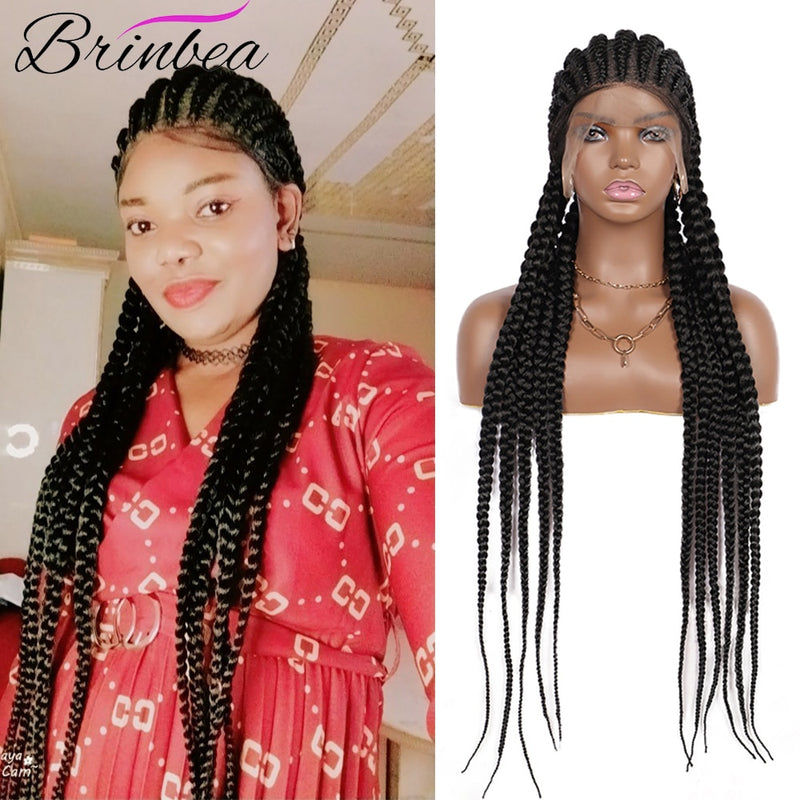 Brinbea Box Braided Wig 360 Full Lace Front Wig 35 Inches Long Cornrow Synthetic Braids Hair Baby Hair For Black Women With Gift