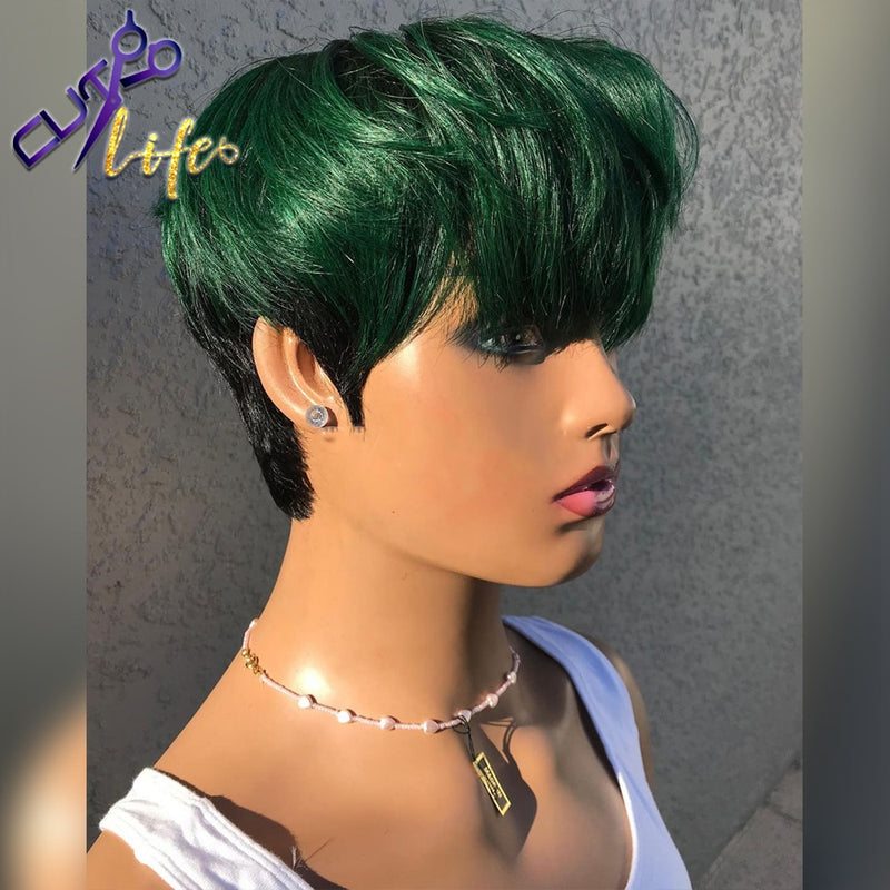 Cheap Green Pixie Short Cut Straight Bob Wig 100% Human Hair Wigs No Lace Glueless Wigs Brazilian Remy Hair Wigs For Black Women