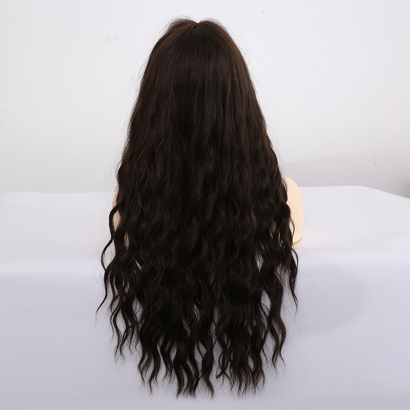 Long Synthetic Water Wave Wigs With Bangs Natural Curly Dark Brown Wigs for Women Cosplay Wigs Heat Resistant Fiber Wigs