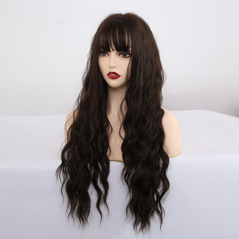 Long Synthetic Water Wave Wigs With Bangs Natural Curly Dark Brown Wigs for Women Cosplay Wigs Heat Resistant Fiber Wigs