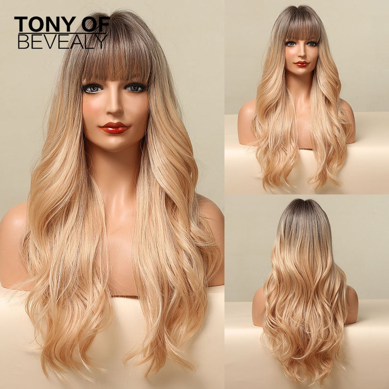 Long Synthetic Water Wave Wigs With Bangs Natural Curly Dark Brown Wigs for Women Cosplay Wigs Heat Resistant Fiber Wigs