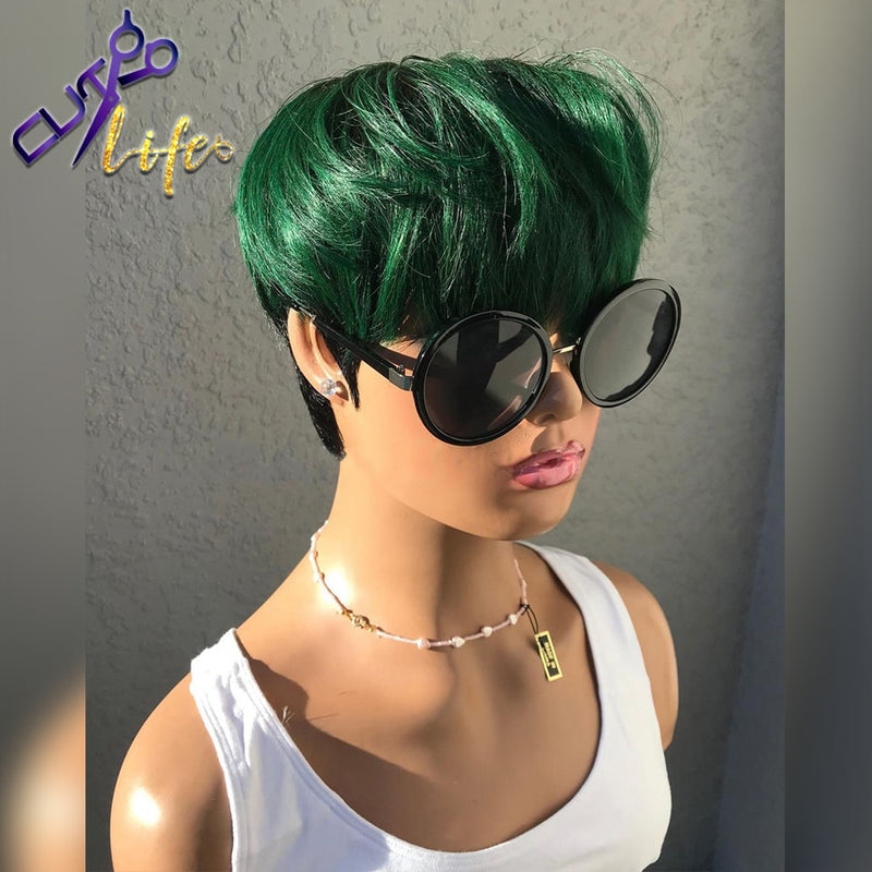 Cheap Green Pixie Short Cut Straight Bob Wig 100% Human Hair Wigs No Lace Glueless Wigs Brazilian Remy Hair Wigs For Black Women