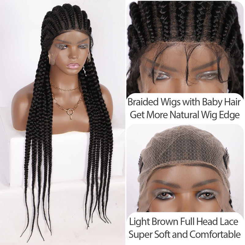 Brinbea Box Braided Wig 360 Full Lace Front Wig 35 Inches Long Cornrow Synthetic Braids Hair Baby Hair For Black Women With Gift