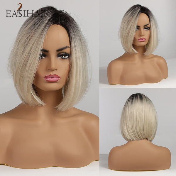 EASIHAIR Short Blonde Ombre BOB Wigs for Women Heat Resistant Synthetic Wigs High Temperature Fiber Straight Bob Wig Cosplay