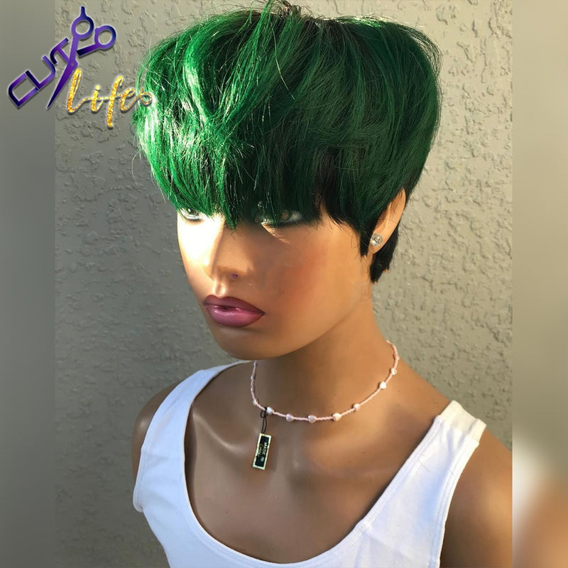 Cheap Green Pixie Short Cut Straight Bob Wig 100% Human Hair Wigs No Lace Glueless Wigs Brazilian Remy Hair Wigs For Black Women