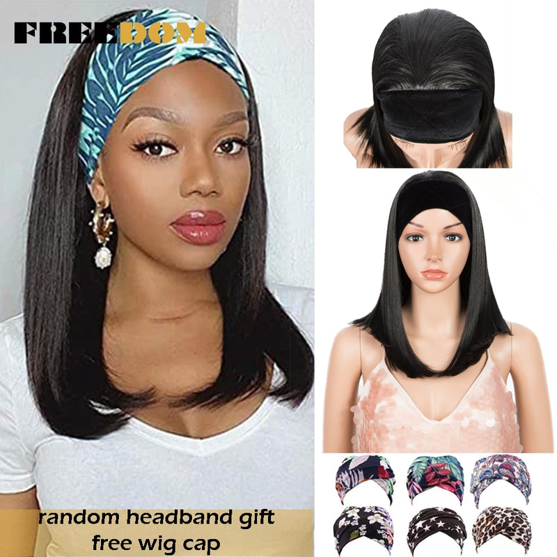 FREEDOM Synthetic  Straight Wigs Natural Color Short Bob No Gel Headband Wig Heat Resistant Fiber Hair Wigs For Black Women