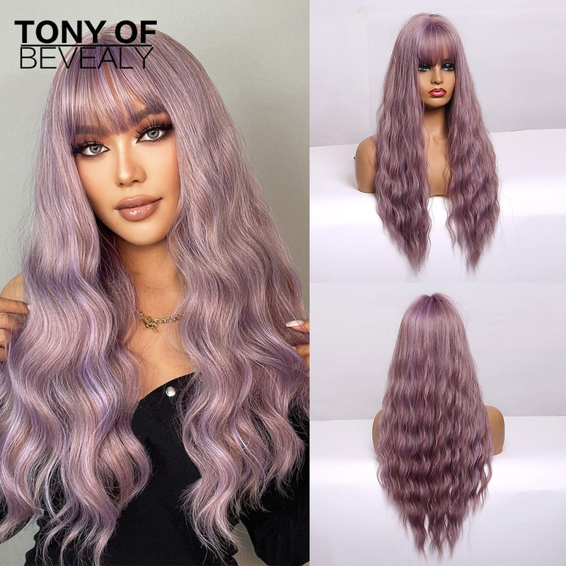 Long Synthetic Water Wave Wigs With Bangs Natural Curly Dark Brown Wigs for Women Cosplay Wigs Heat Resistant Fiber Wigs