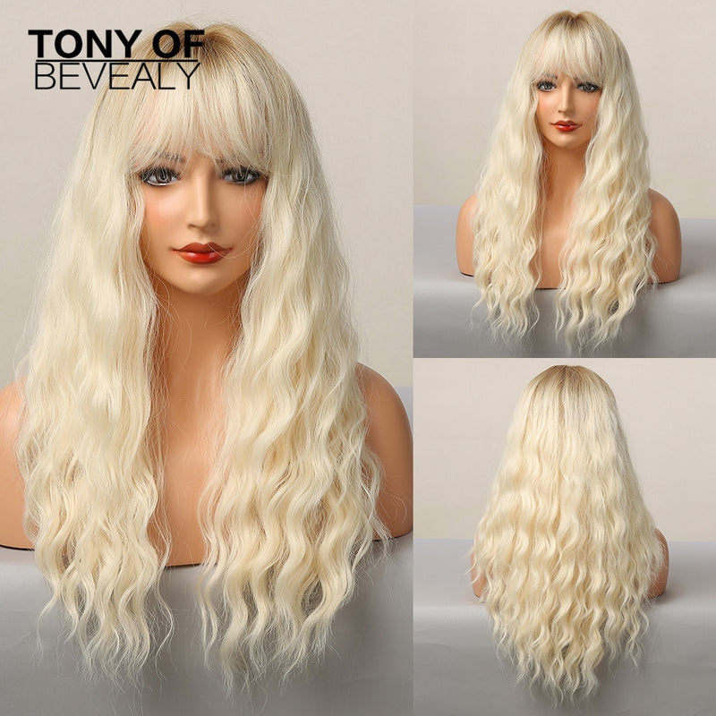 Long Synthetic Water Wave Wigs With Bangs Natural Curly Dark Brown Wigs for Women Cosplay Wigs Heat Resistant Fiber Wigs