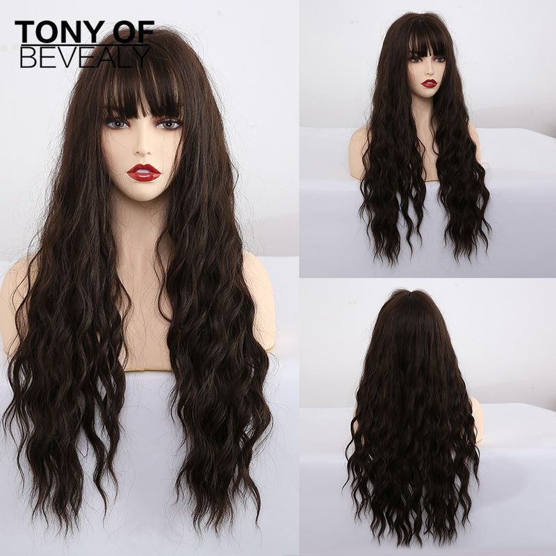 Long Synthetic Water Wave Wigs With Bangs Natural Curly Dark Brown Wigs for Women Cosplay Wigs Heat Resistant Fiber Wigs