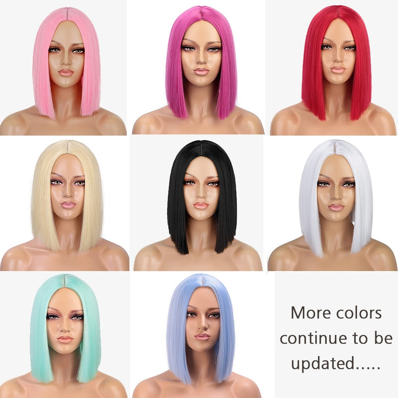 Lativ Synthetic Black Wig Short Straight Bob Wig Blonde Hair Middle Part Shoulder Length Bob Cut Wigs for Women Pink Blue Color