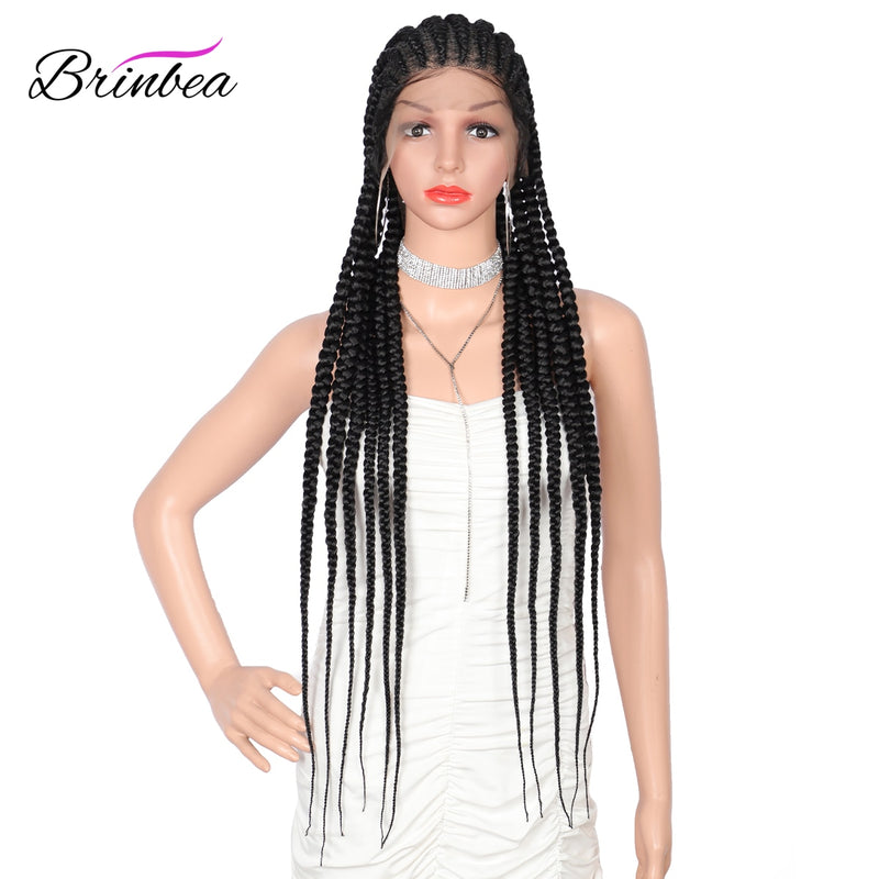 Brinbea Box Braided Wig 360 Full Lace Front Wig 35 Inches Long Cornrow Synthetic Braids Hair Baby Hair For Black Women With Gift