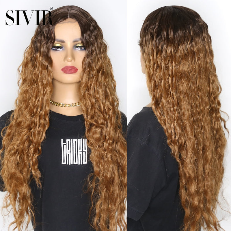 Sivir Synthetic Wigs For Women Lace  Wigs Kinky Curly  Middle Part Ombre Blonde Brown Colors Available 26 Inch Lace